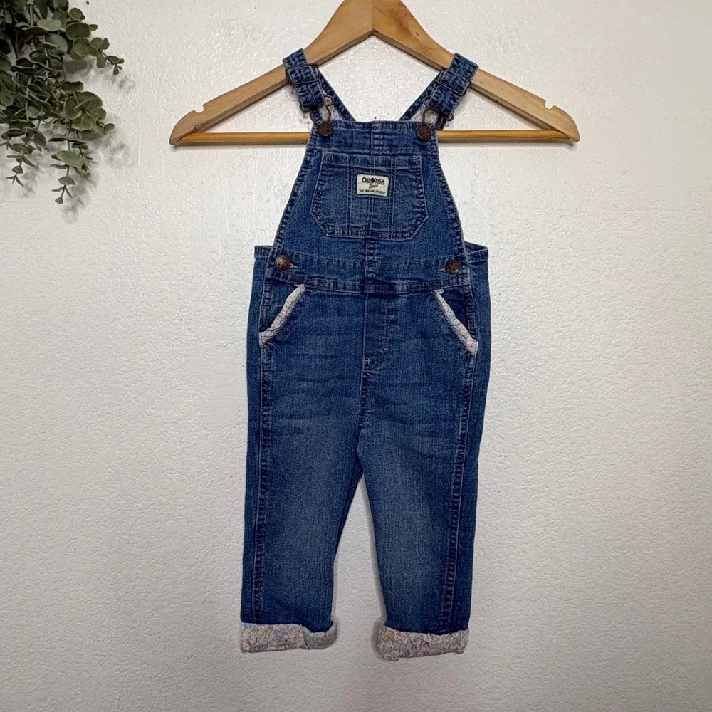 OshKosh Bgosh Toddler Girls Floral Trim Denim Bib Overalls Blue 2T 2A